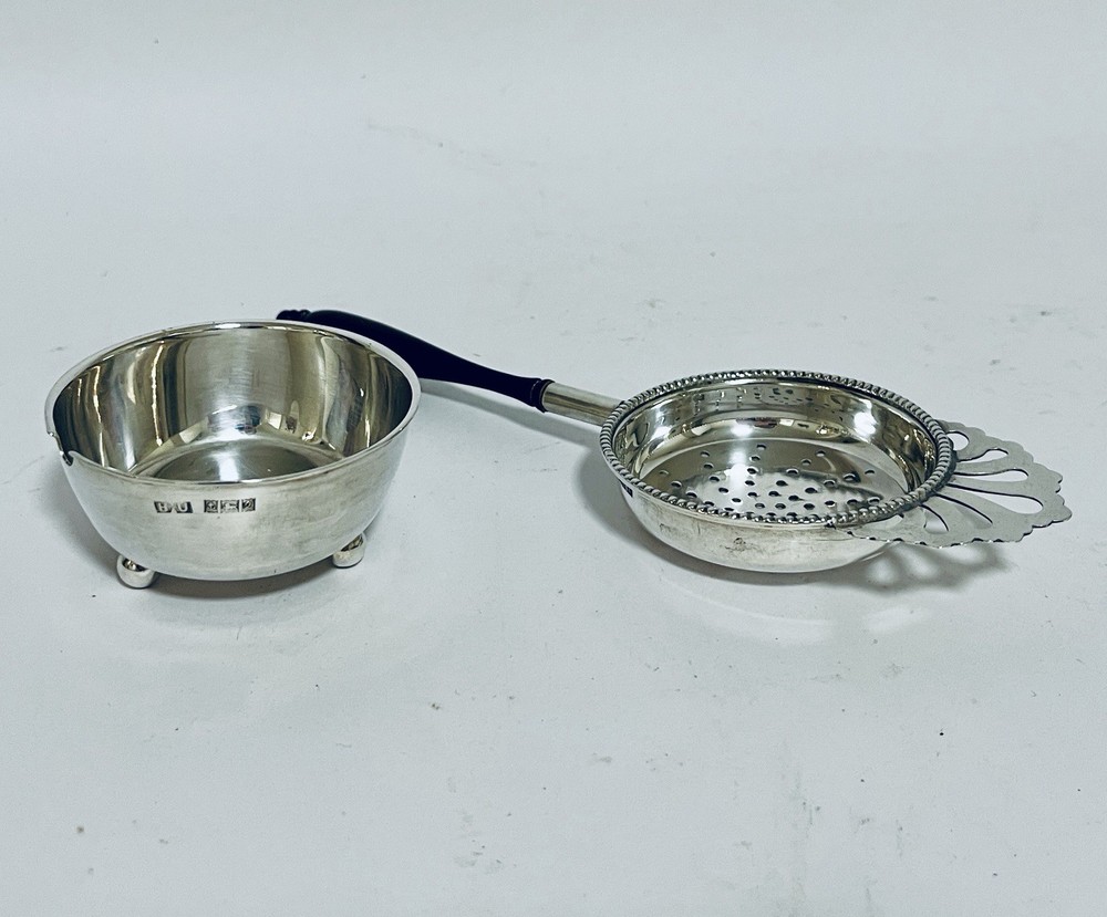 Antique Vintage Solid Sterling Silver Tea Leaf Strainer and Bowl 1965