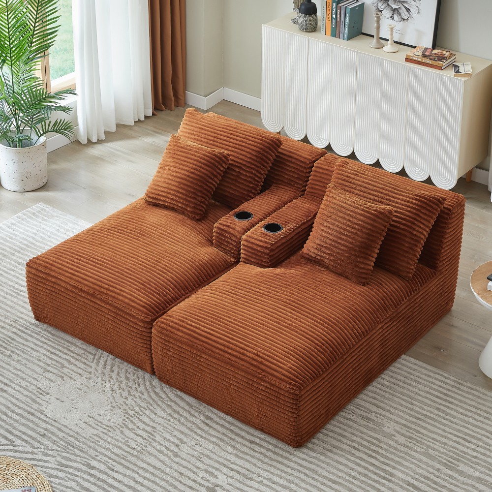 Light Gray Corduroy Compressible Double Chaise Sleeper Sofa with Cup Holders