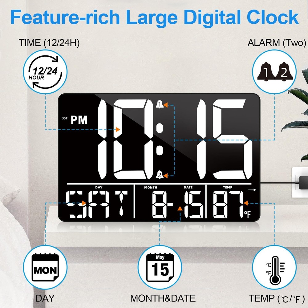 13" Digital Wall Clock Large Display with Remote, 25 Ringtones, Temperature, ...