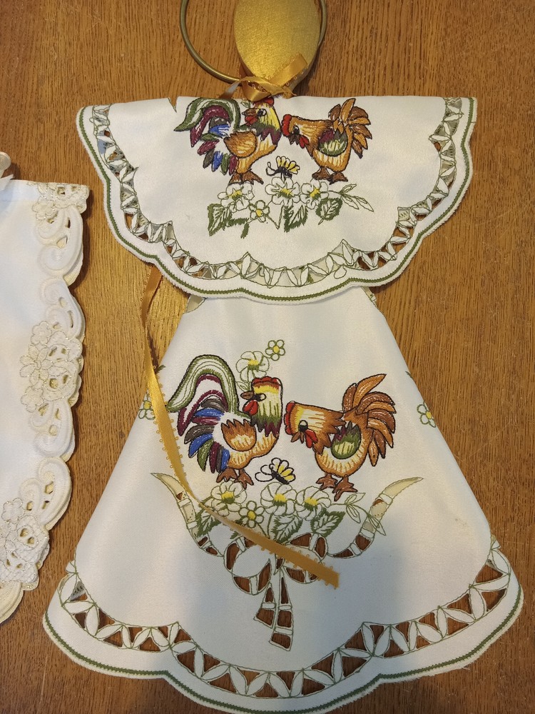 2 KITCHEN SPOON ANGLE HANKY DOLL Embroidered Rooster HANDMADE