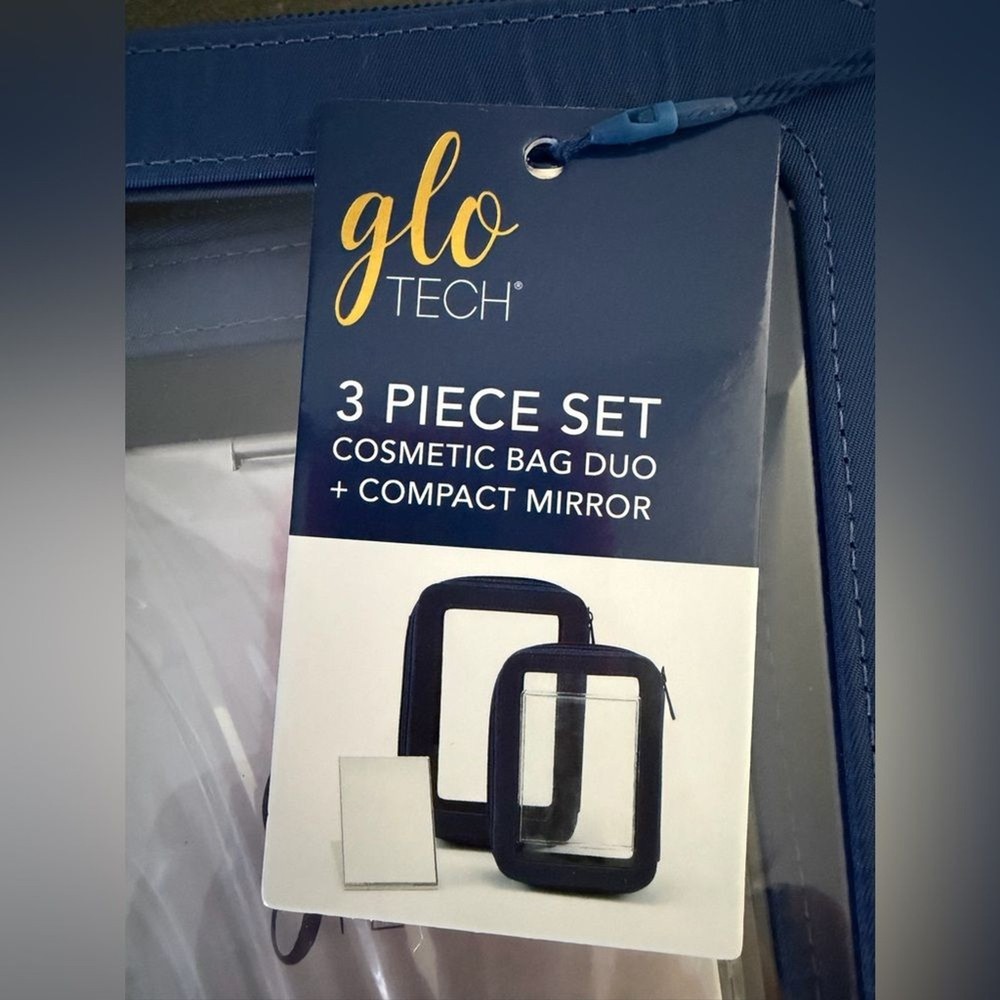 Glo Tech 3-Piece Cosmetic Bag Set with Compact Mirror NWT
