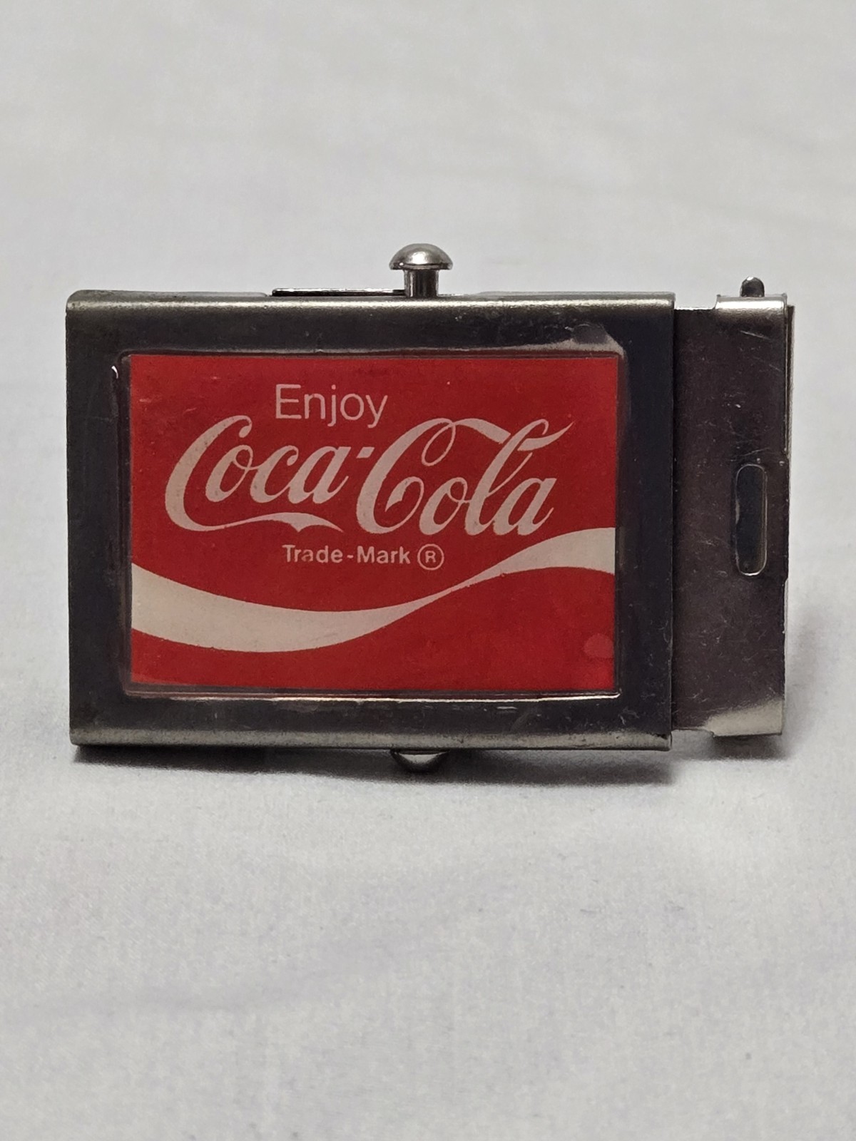 Vintage Coca-Cola Belt Buckle Solid Brass Coke Soda Pop Advertising Red & White