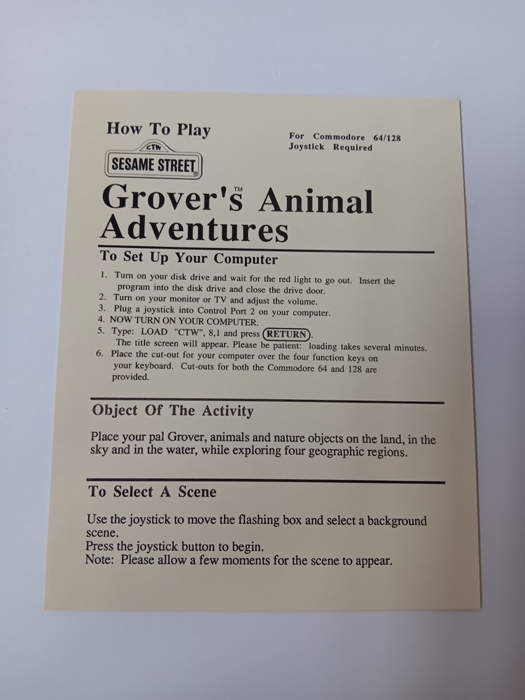 Commodore 64/128 Grovers Animal Adventure Computer Game Software Tested/Works