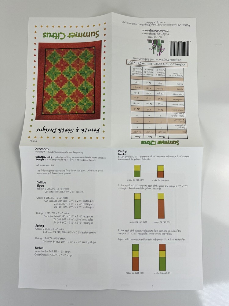 Fourth and Sixth Designs Quilt Pattern Instructions FS204 Summer Citrus Pieced
