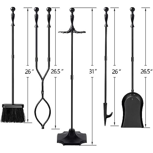 5 Pcs Fireplace Tools Sets Handle Wrought Iron Large Fire Tool 31 inch Black