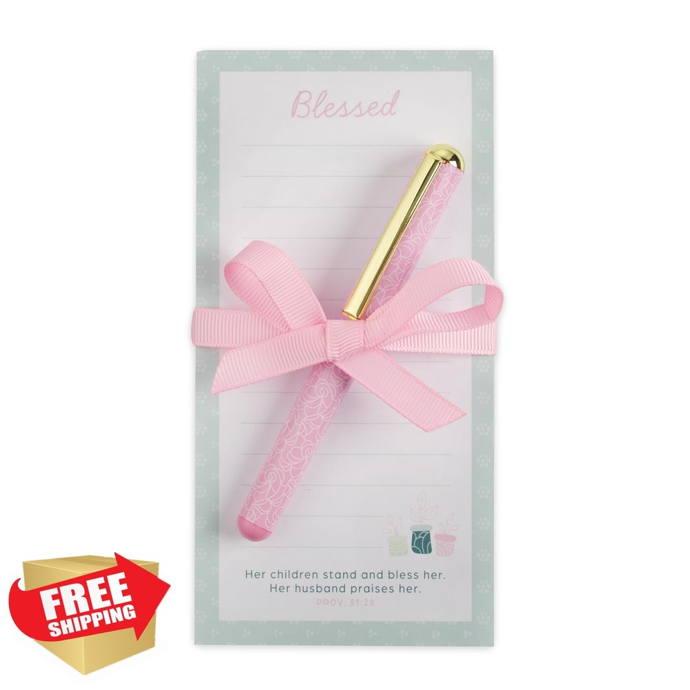 Christian Notepad Pen Set Blessed Scripture Floral Blue Pink