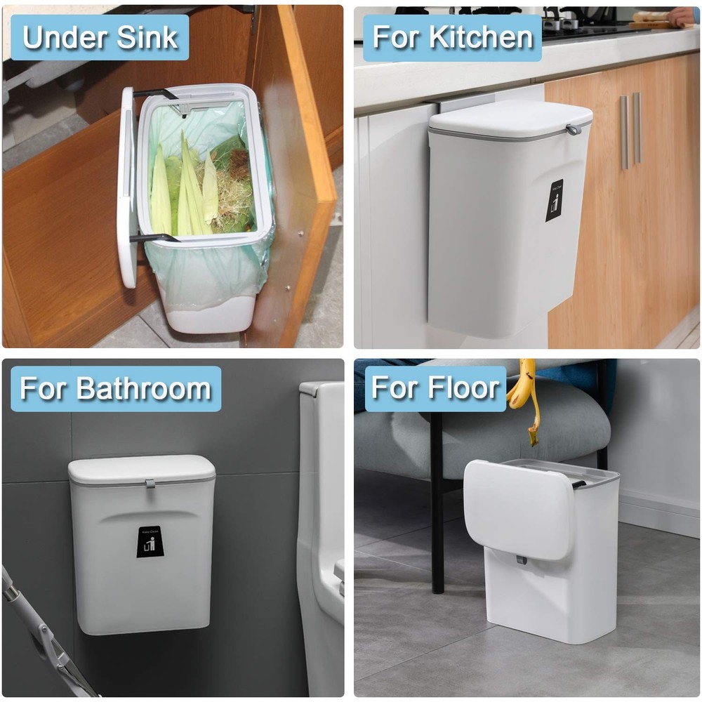 White 2.4 Gallon Hanging Small Kitchen Trash Can Lid Wall Mounted Compost Bin
