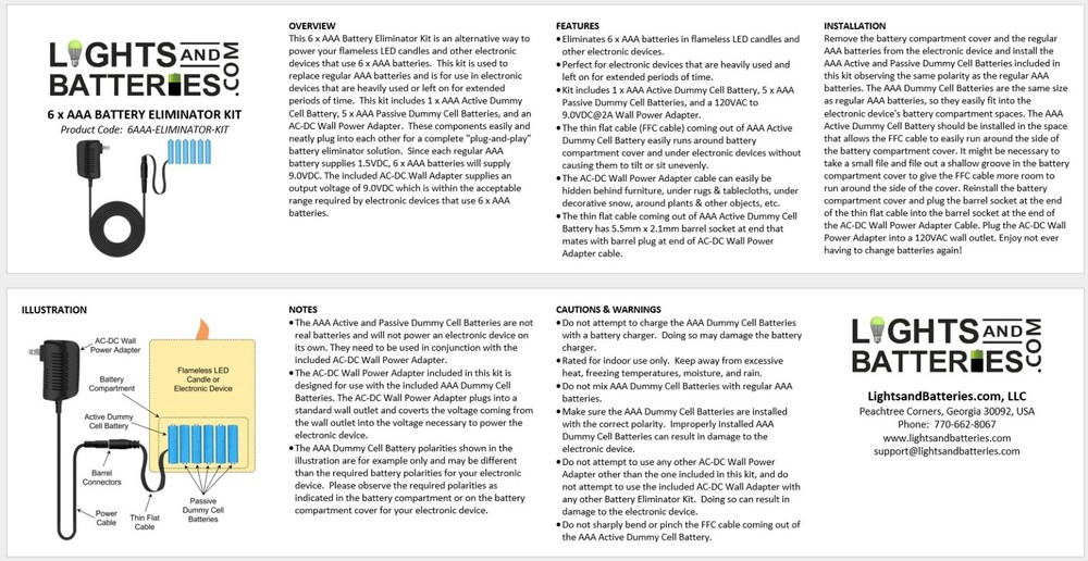 6 x AAA Battery Replacement Eliminator Kit for Electronic Devices