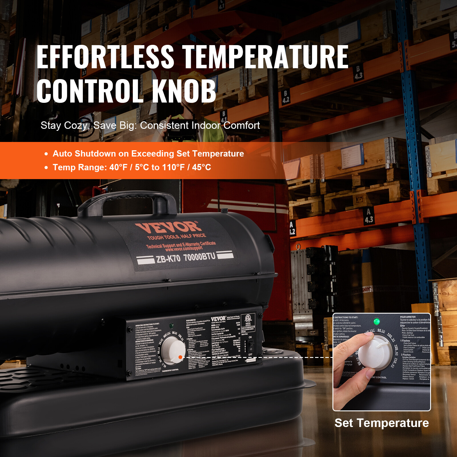 VEVOR Portable Kerosene Forced Air Heater 70000 BTU Indoor Outdoor Use 5gal Tank