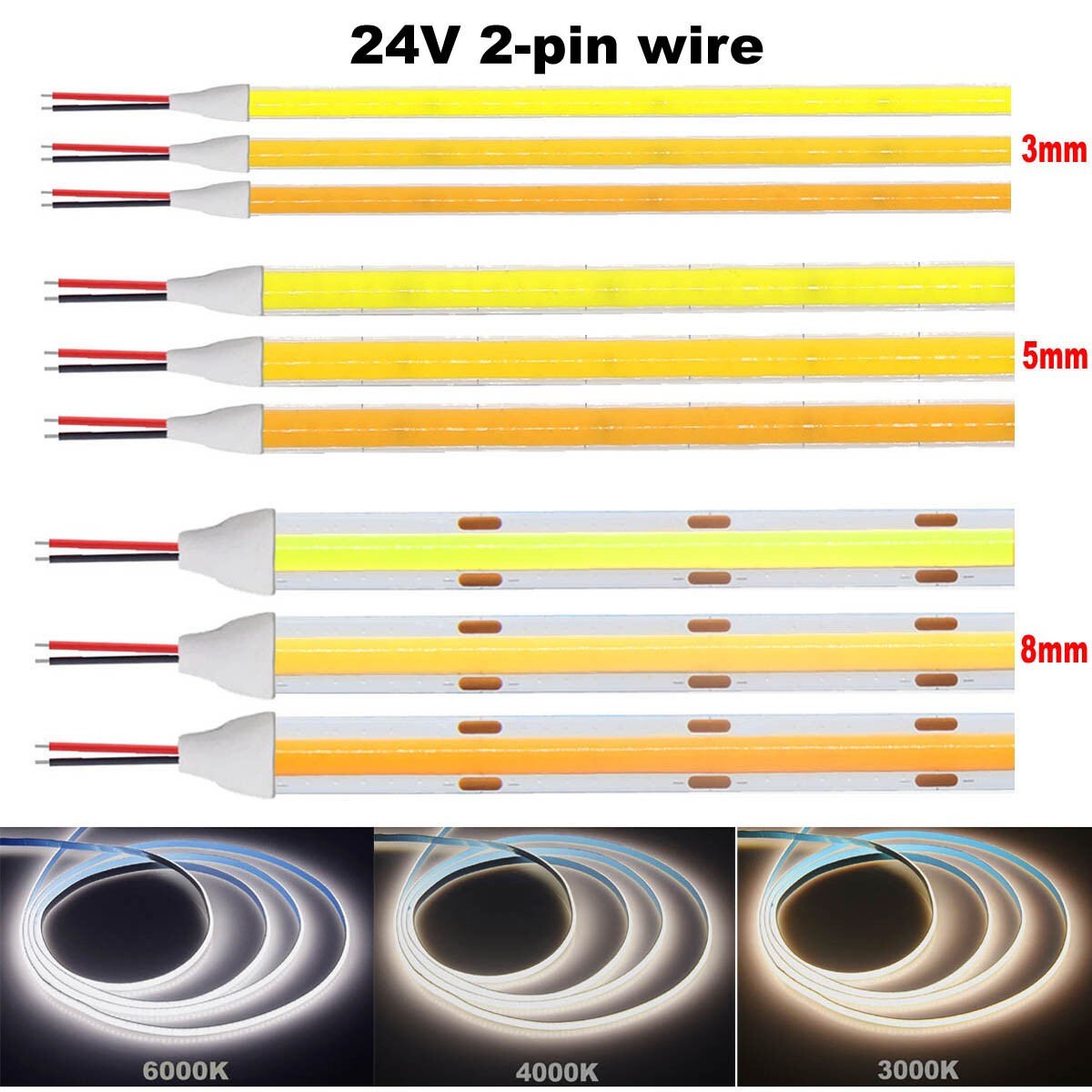 5V 12V 24V COB LED Strip Light 3mm 5mm 8mm Flexible Tape Cabinet Kitchen Lights