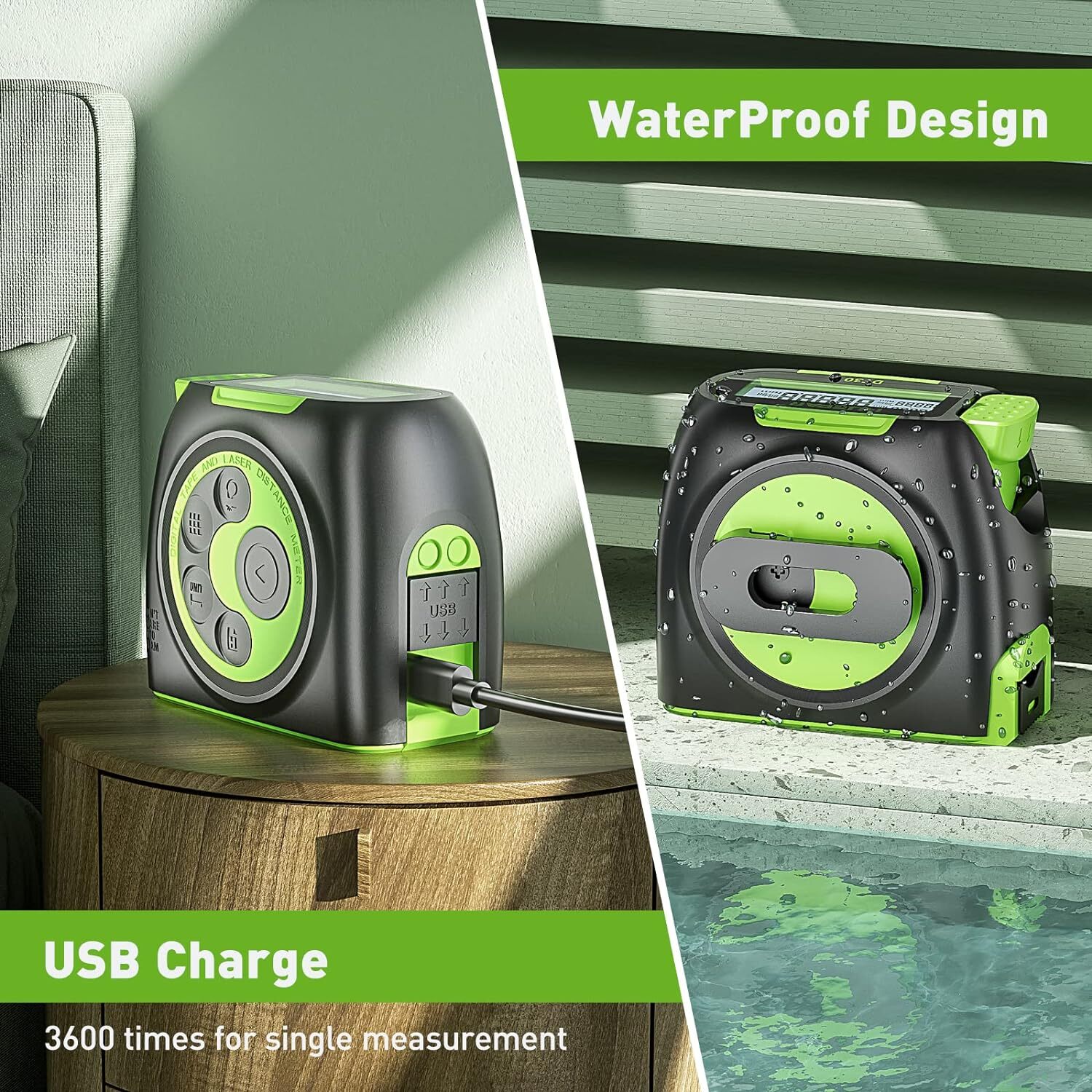 Huepar 2-in-1 Laser Tape Measure,197Ft Rechargeable Laser Measurement Tool & LCD