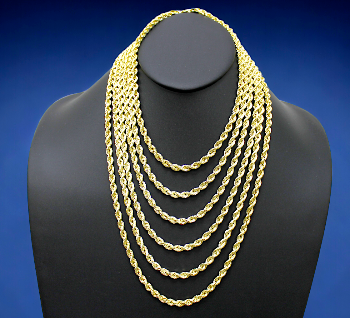 10K Yellow Gold 2mm-10mm Rope Chain Necklace Diamond Cut All Sizes Real