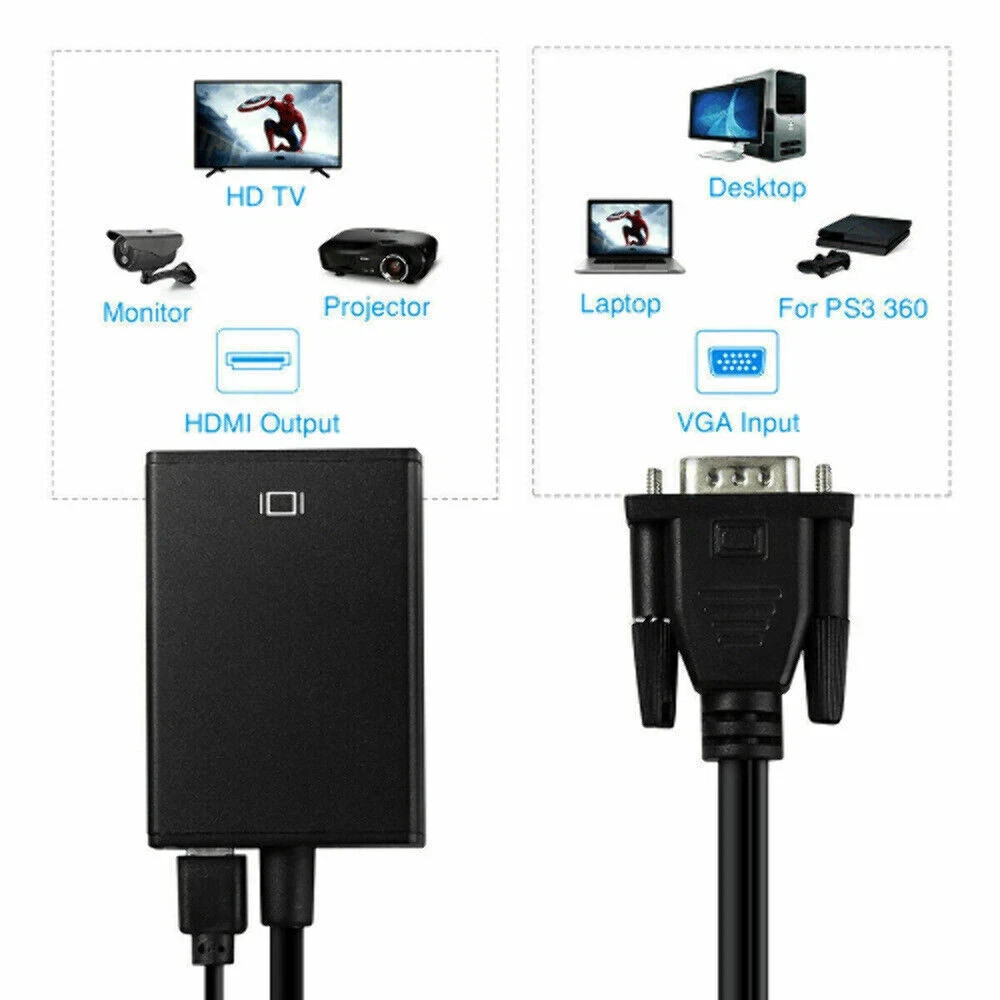 LOT VGA To HDMI Converter 1080P HD Adapter With Audio Cable For HDTV PC Laptop