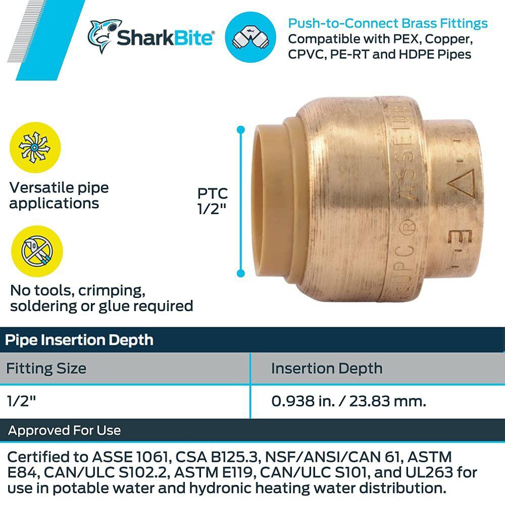 Sharkbite 1/2In Push To Connect Brass End Cap