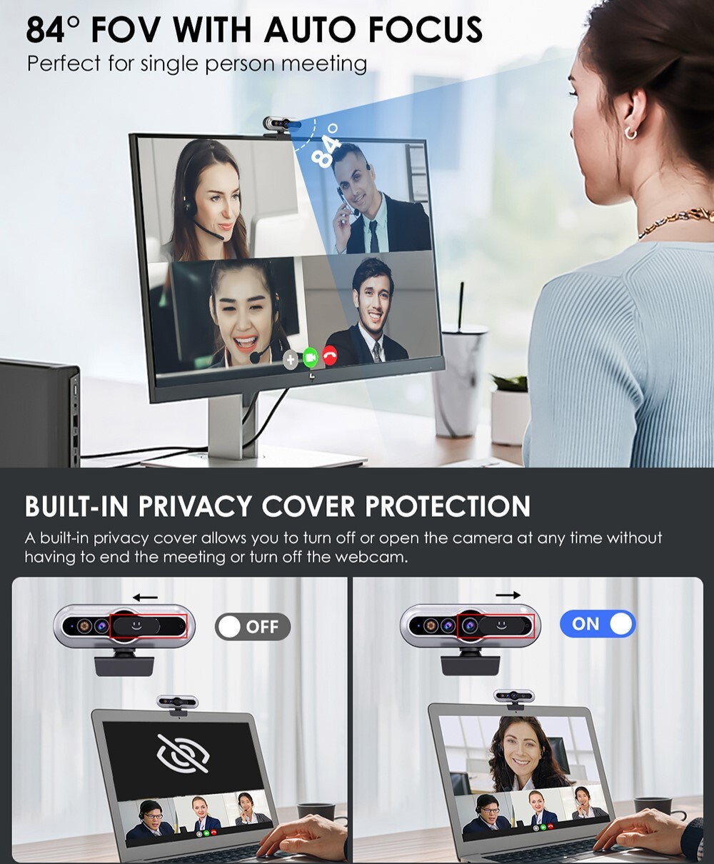 TOALLIN 2K QHD Webcam Auto-Focus Windows Hello Privacy Shutter with Microphone