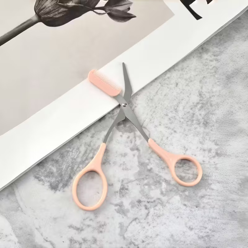 Stainless Steel Precision Eyebrow Scissors, Equipped with a Built-In Comb
