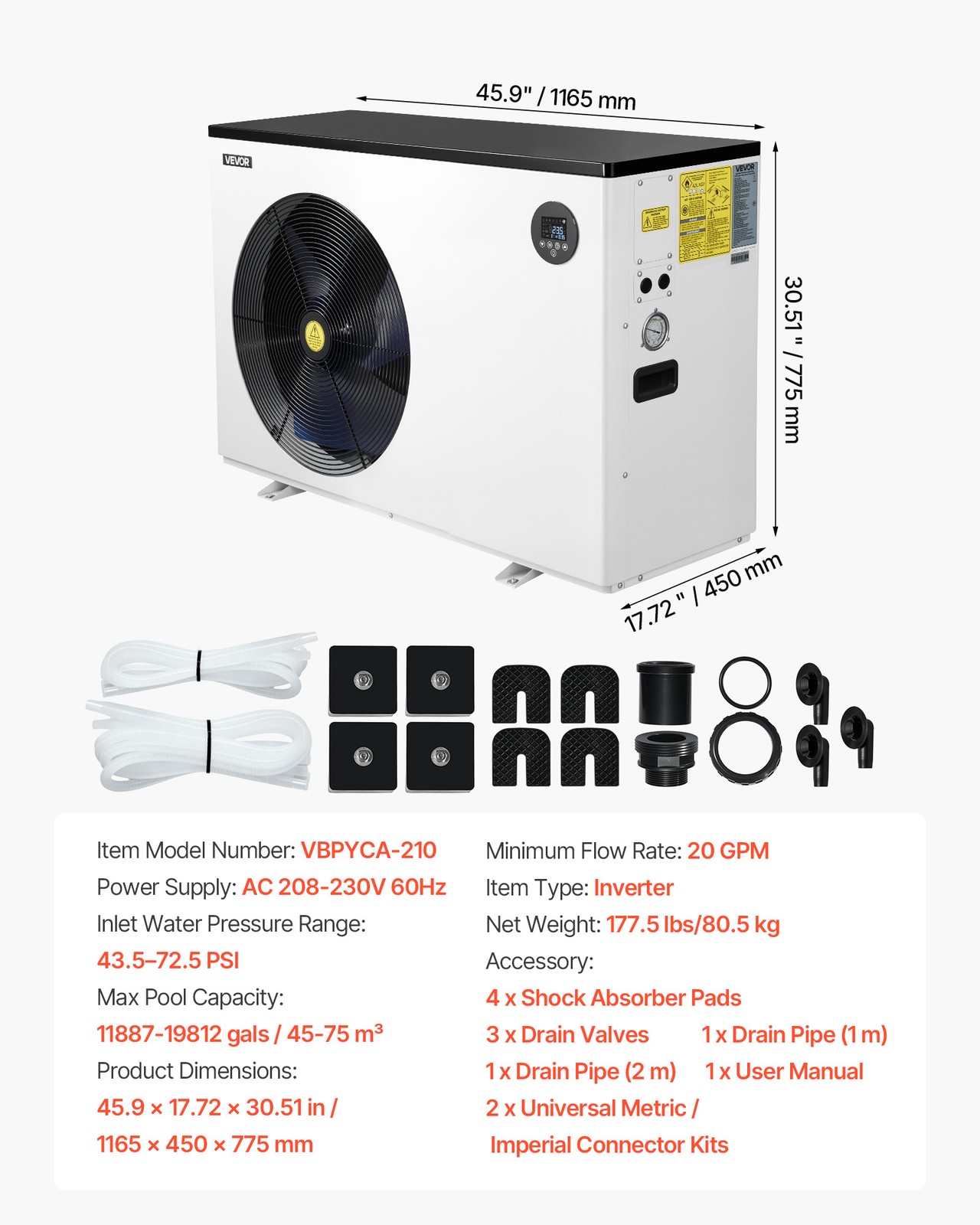 VEVOR 70730 BTU Pool Heat Pump Electric Heater for In-Ground All-DC Inverter