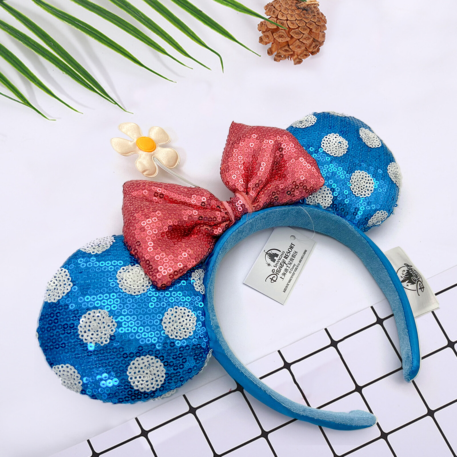 Disney Parks Minnie Ears Headband Blue Polka Dot Sequin Bow