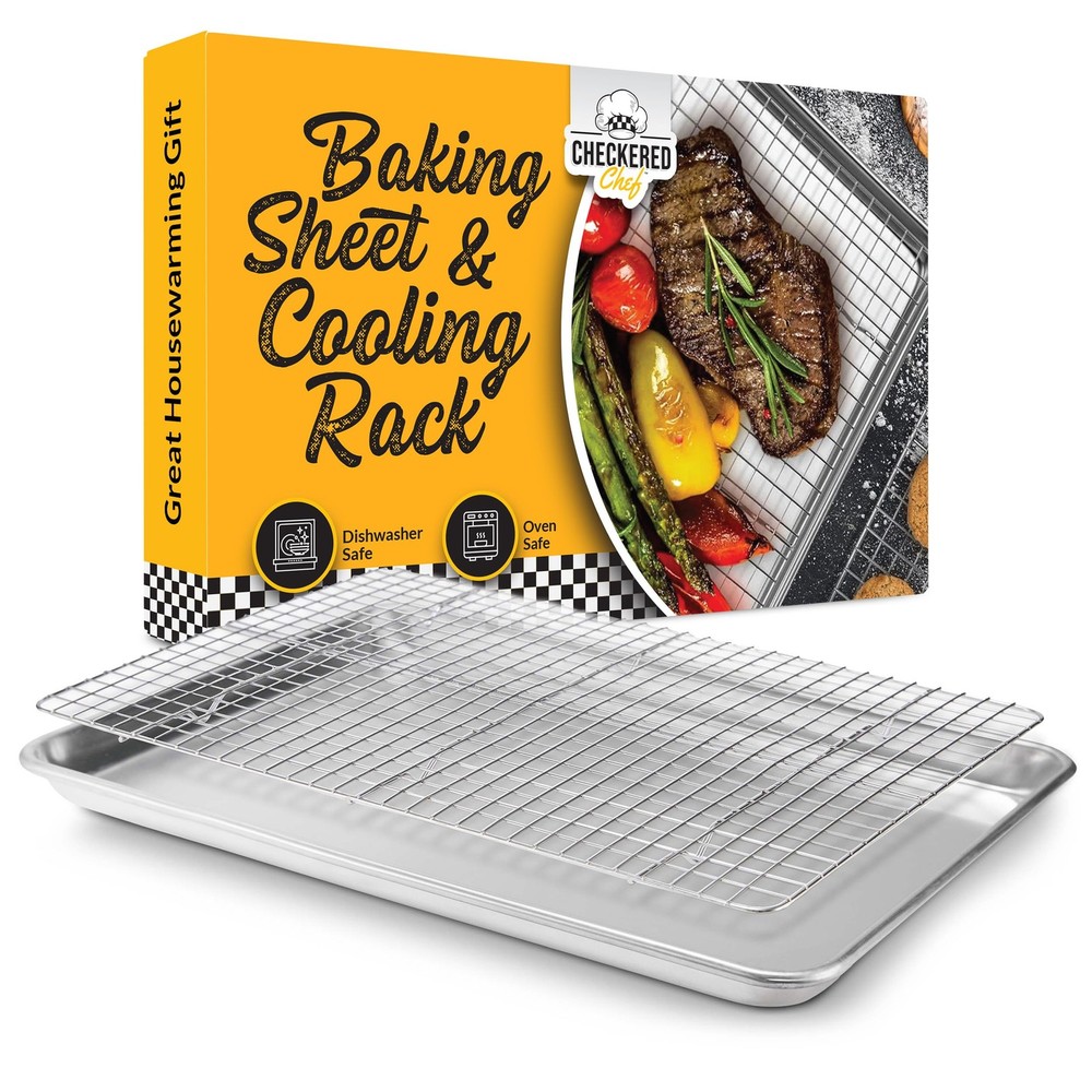 Checkered Chef Quarter Sheet Pan with Wire Rack for Sheet, Silver