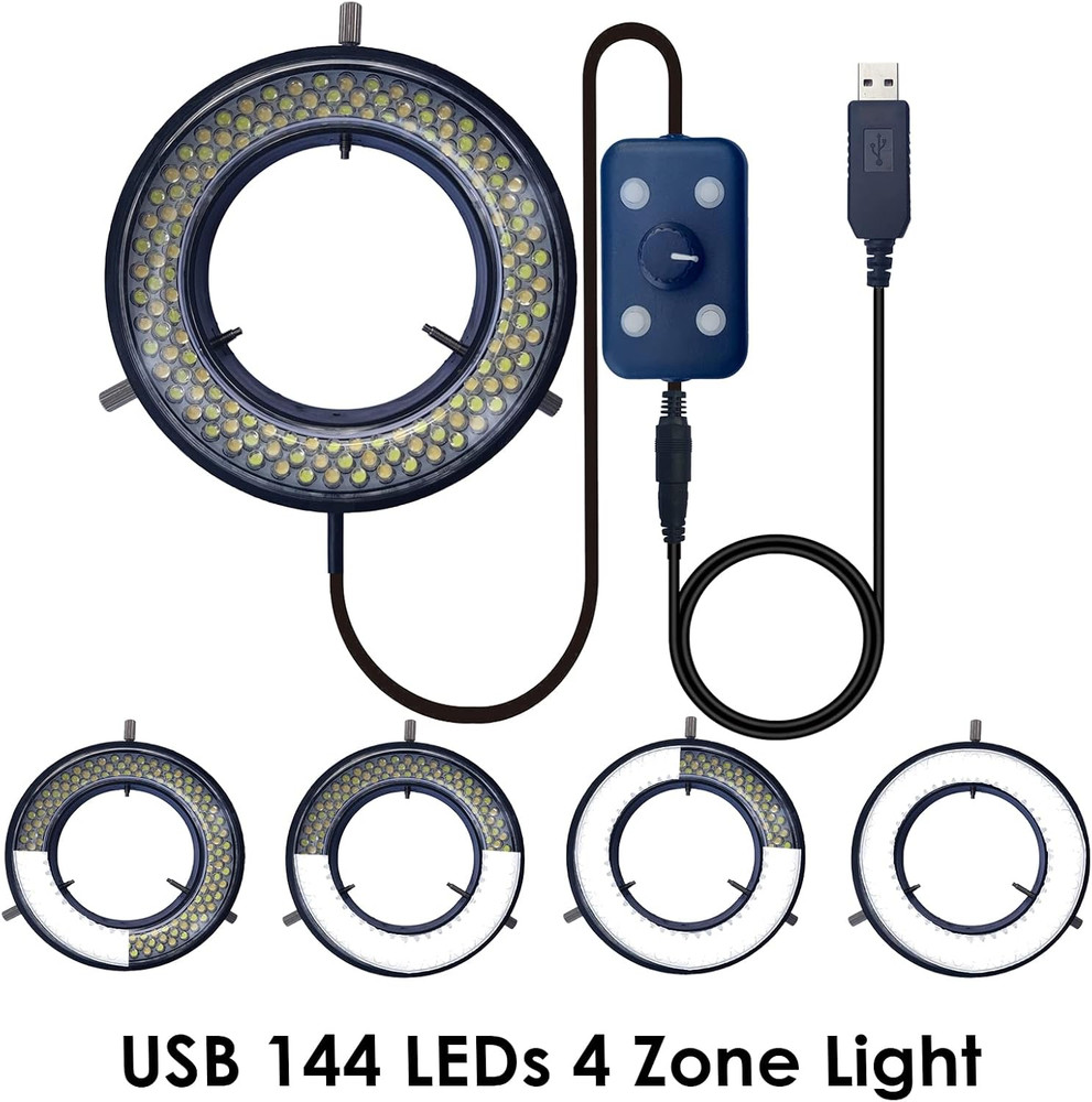 Microscope Light LED Ring Illuminator, USB 144 Leds with 4 Lighting Zone Adjusta