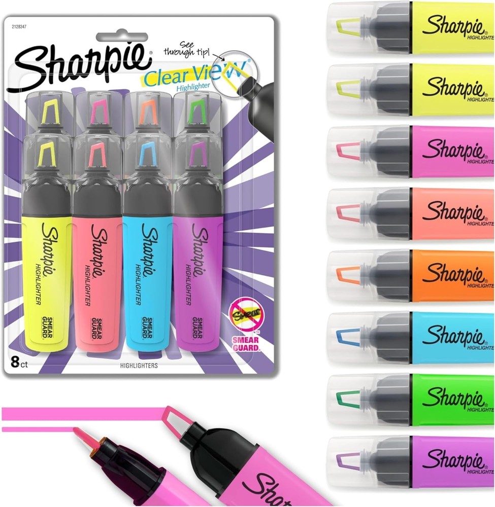 Clear View Highlighters Set - 8 Assorted Colors