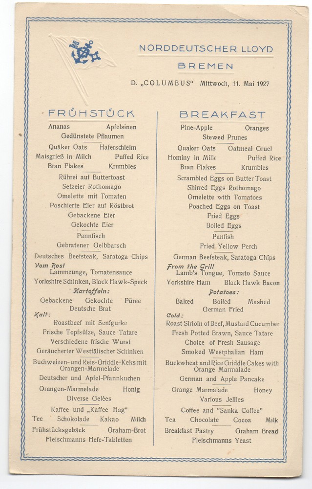 1927 Ship Breakfast Menu North German LLoyd Bremen
