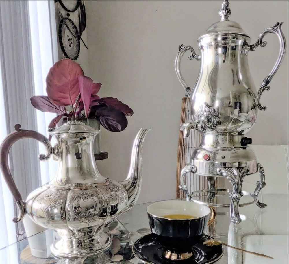 Vintage silverplate electric coffe server FB Rogers & Victorian samovar 2 pc