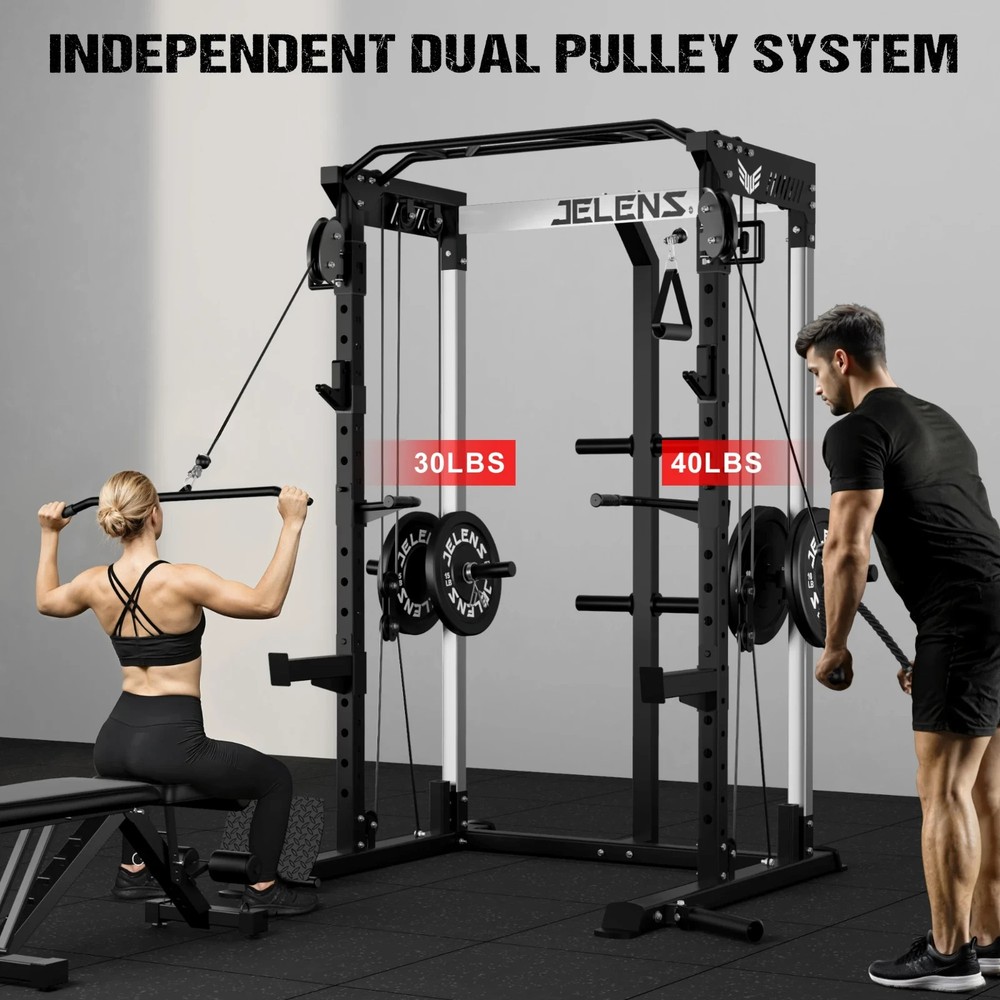 Power Rack Cage, Weight Rack with Dual Pulley Cable Crossover Machine,Multi-Func