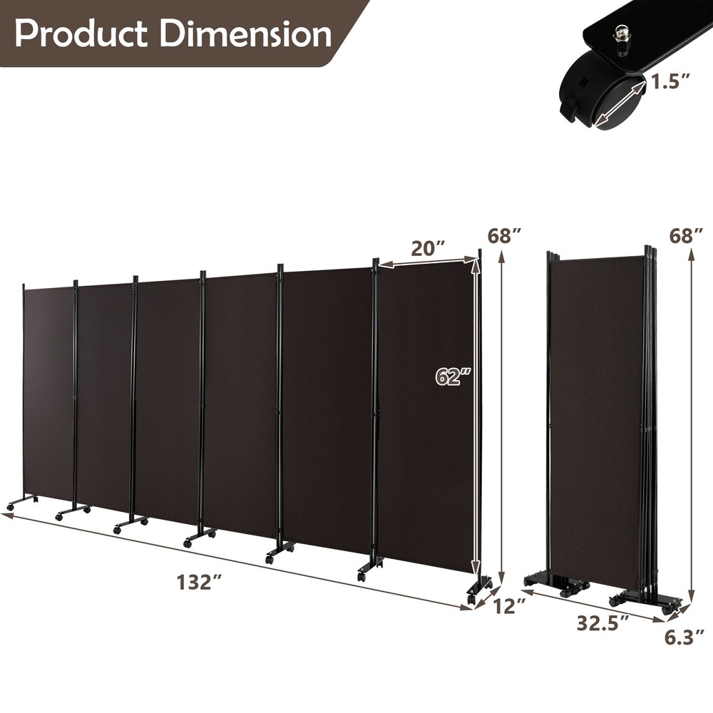 6-Panel Folding Room Divider 6FT Rolling Privacy Screen w/ Lockable Wheels Brown