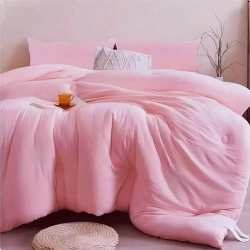 3PCS Pink Comforter Set with 2 Pillowcases, Brushed Microfiber Full Solid Pink
