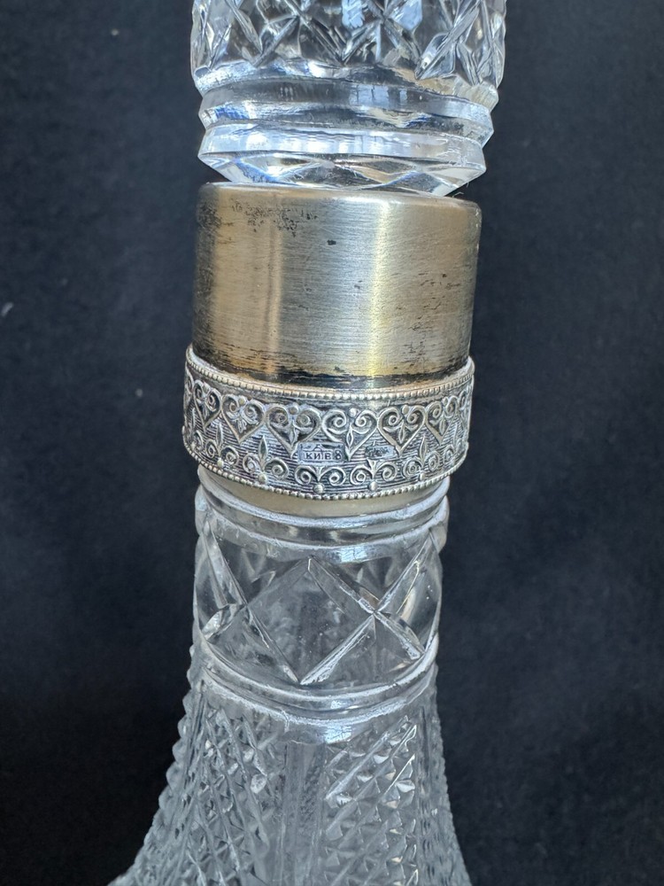 Soviet Kiev Cut Crystal 875 Silver Collar Decanter