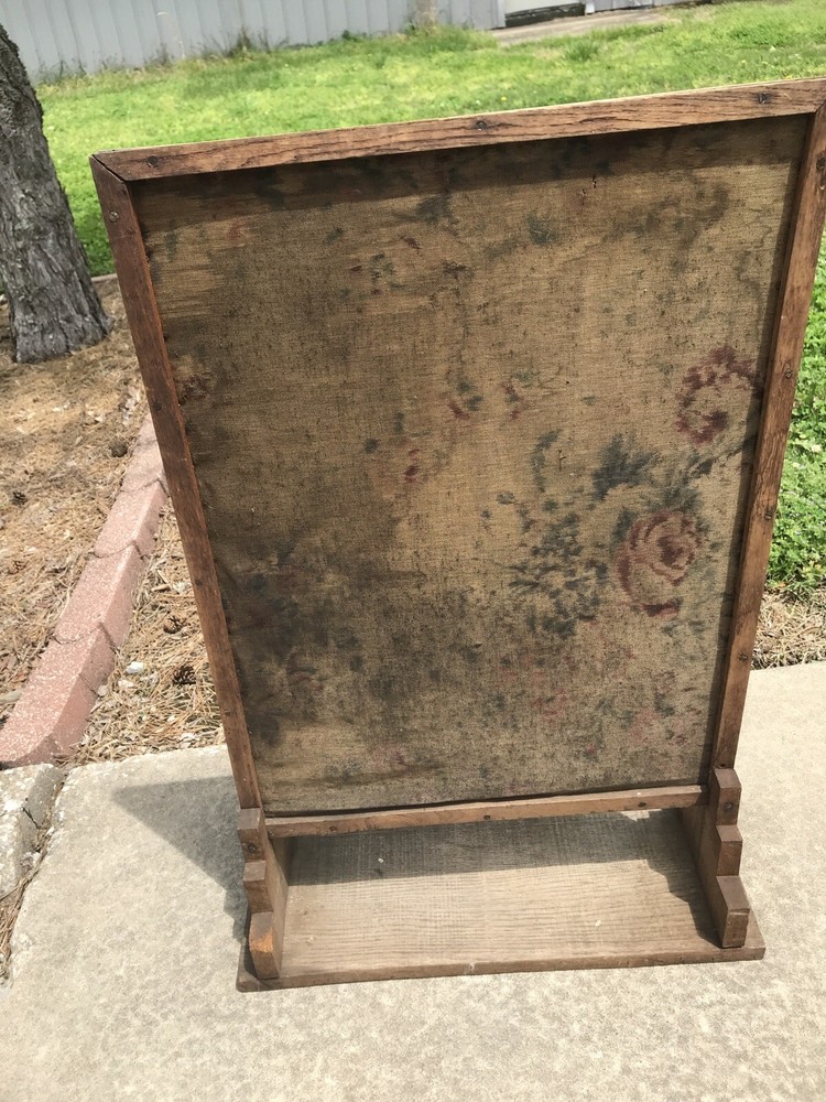 Antique Upright Fire Screen Needlepoint-Tapestry Panel Stand Primitive Tramp Art