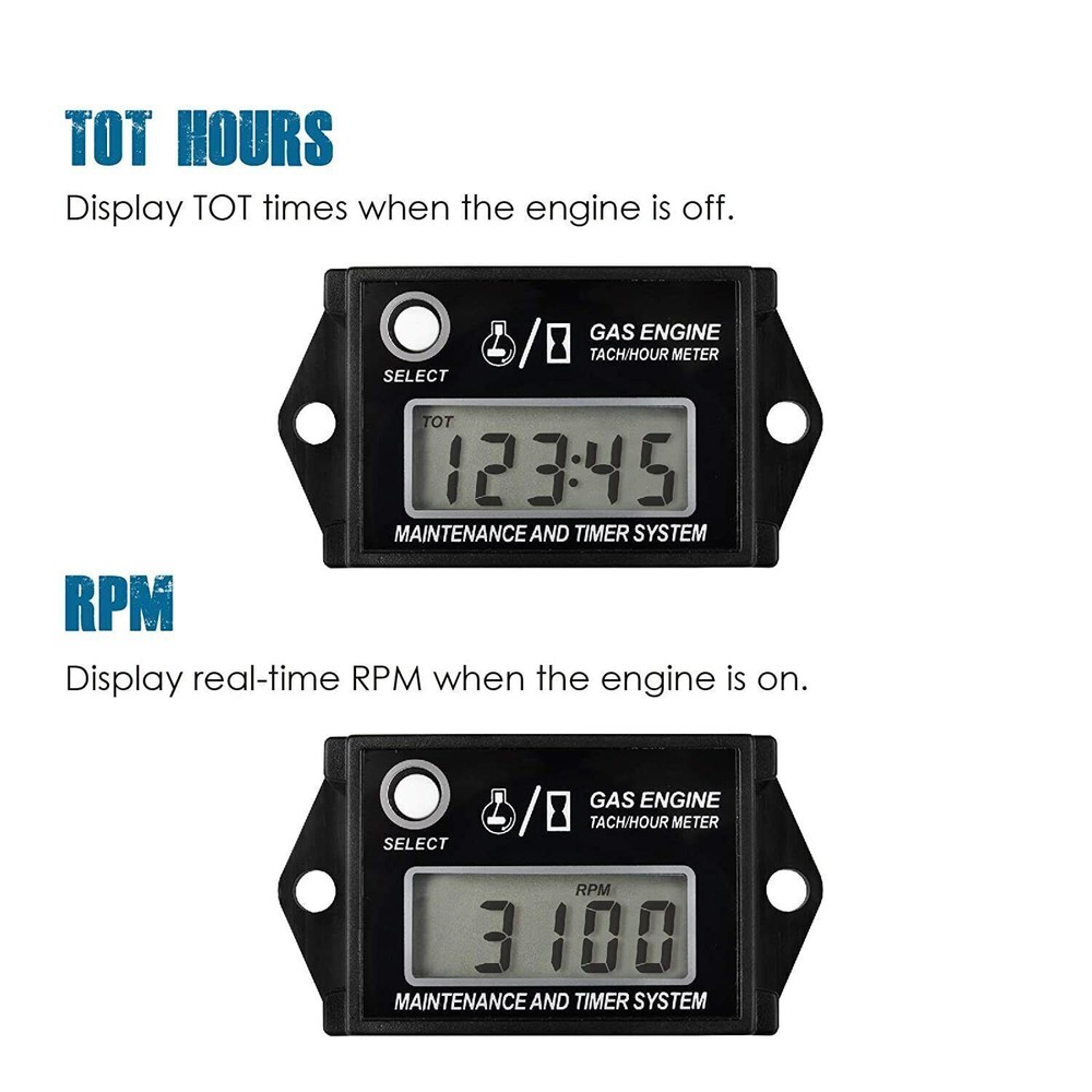 Small Engine Tachometer Hour Meter: Digital Inductive Waterproof Tiny Tach Meter