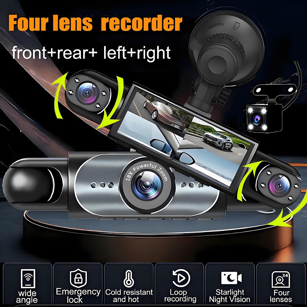 360° 4 Channel 1080P HD Car Dash Cam Front and Rear Inside Left Right + Camera
