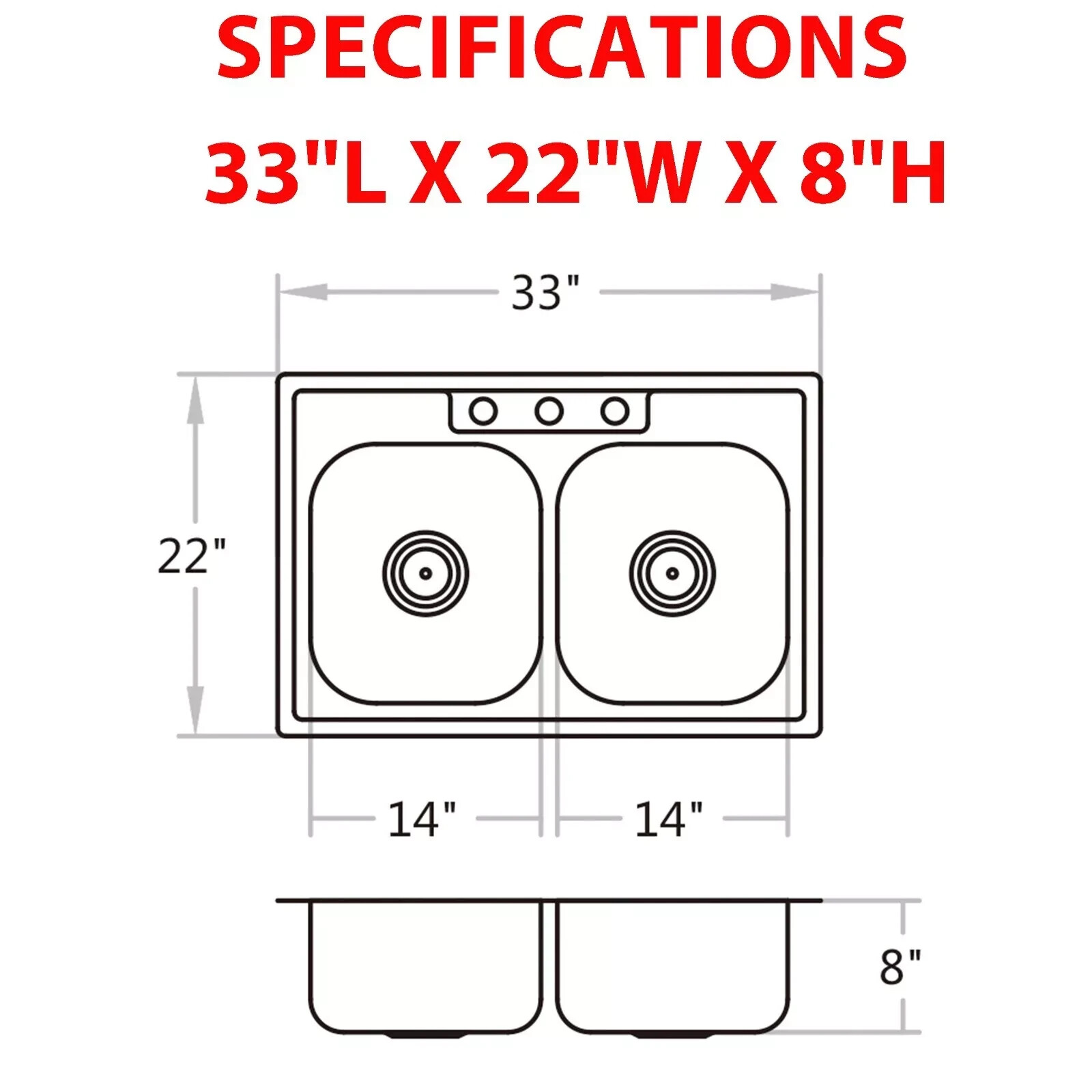 33'' x 22'' Drop In Stainless Steel Kitchen Sink, Top Mounted Deep Sink Double