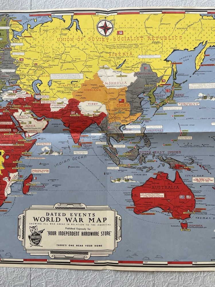 1942 Mid World War Map WWII Dated Events 17"x39" hardware store