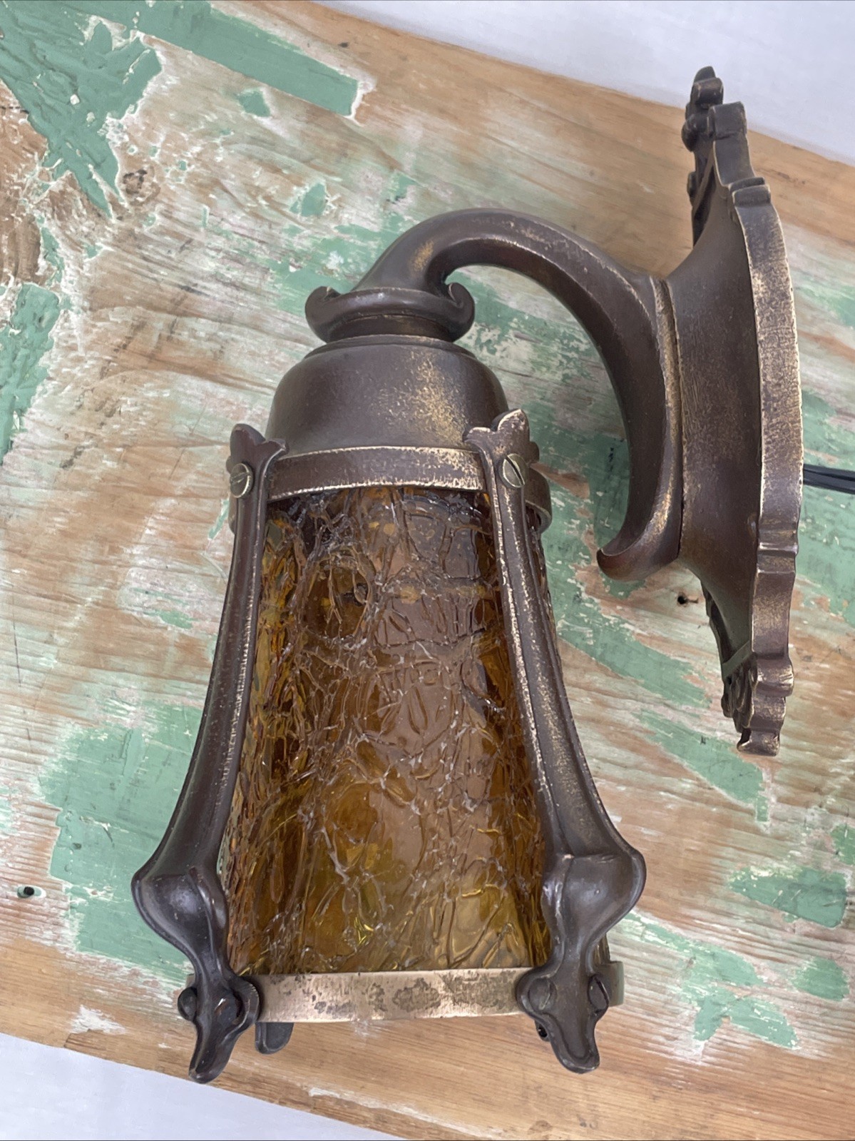 RESTORED Pair Antique Vtg Tudor Arts Crafts Wall Sconces Amber Glass Porch Light