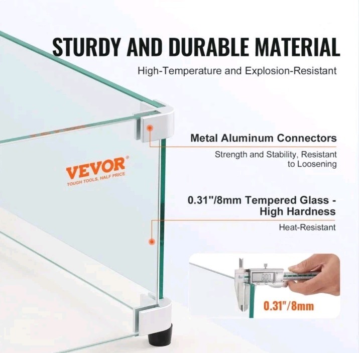 VEVOR Glass Wind Guard for Rectangular Fire Pit Table 31 x 12.5 x 6.5 Inch
