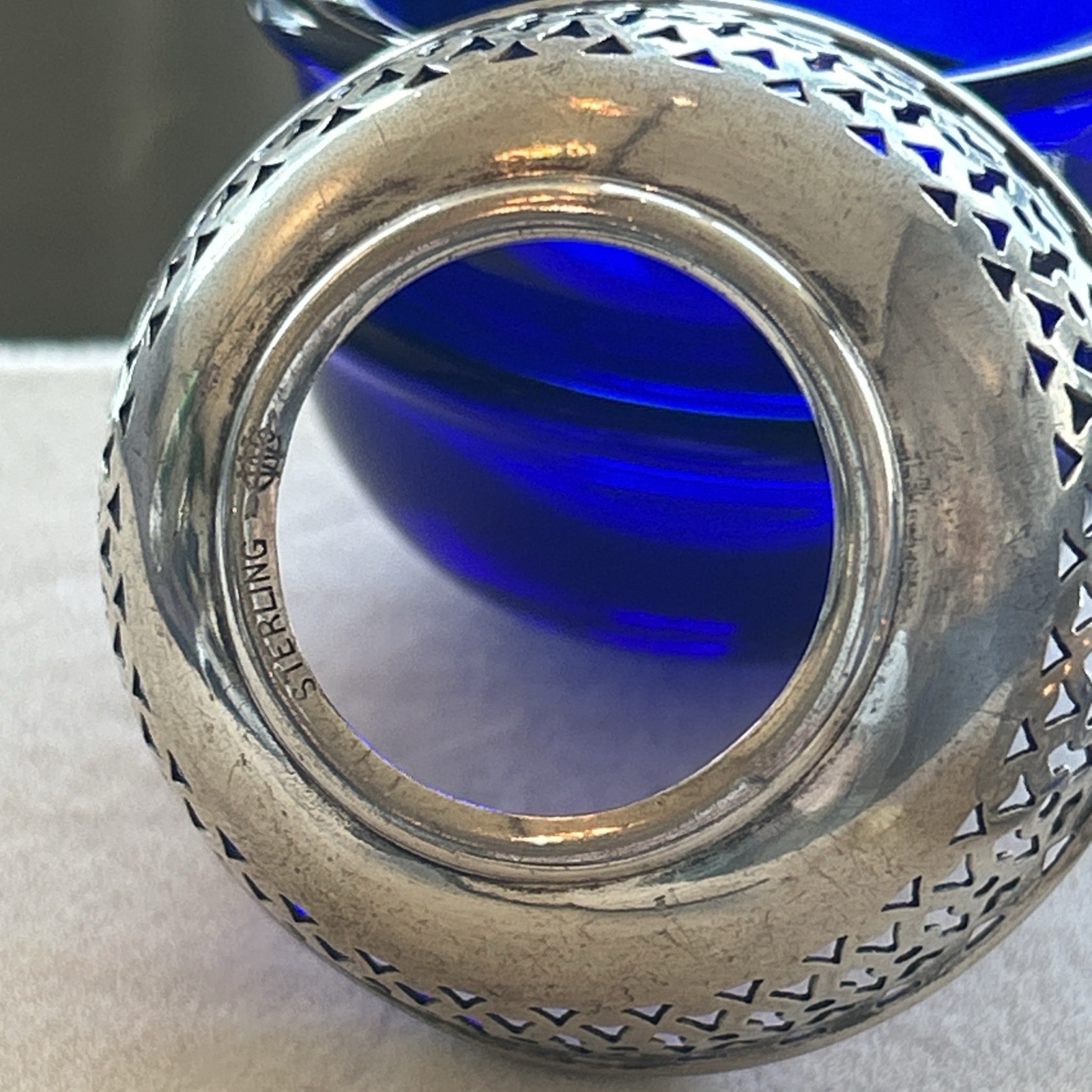 Lot of 2 Antique Webster Salt Cellars 2 Spoons Sterling Silver Blue Cobalt Glass