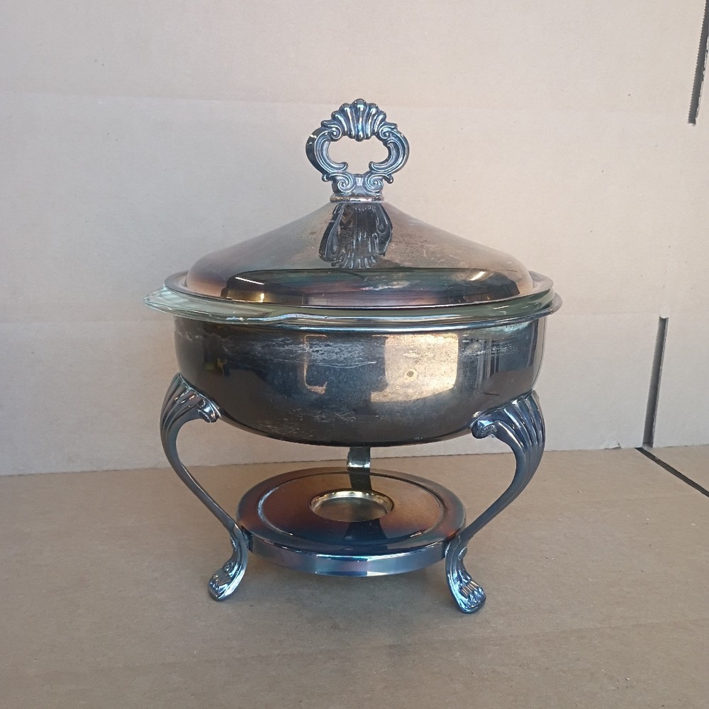 F.B. Rogers silverplated chaffing dish with Anchor Hocking glass dish and lid