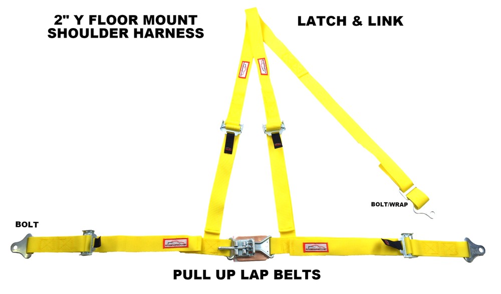 2" LATCH & LINK Y FLOOR MOUNT HARNESS. 3 POINT BUGGY BELT PULL DOWN LAPS YELLOW