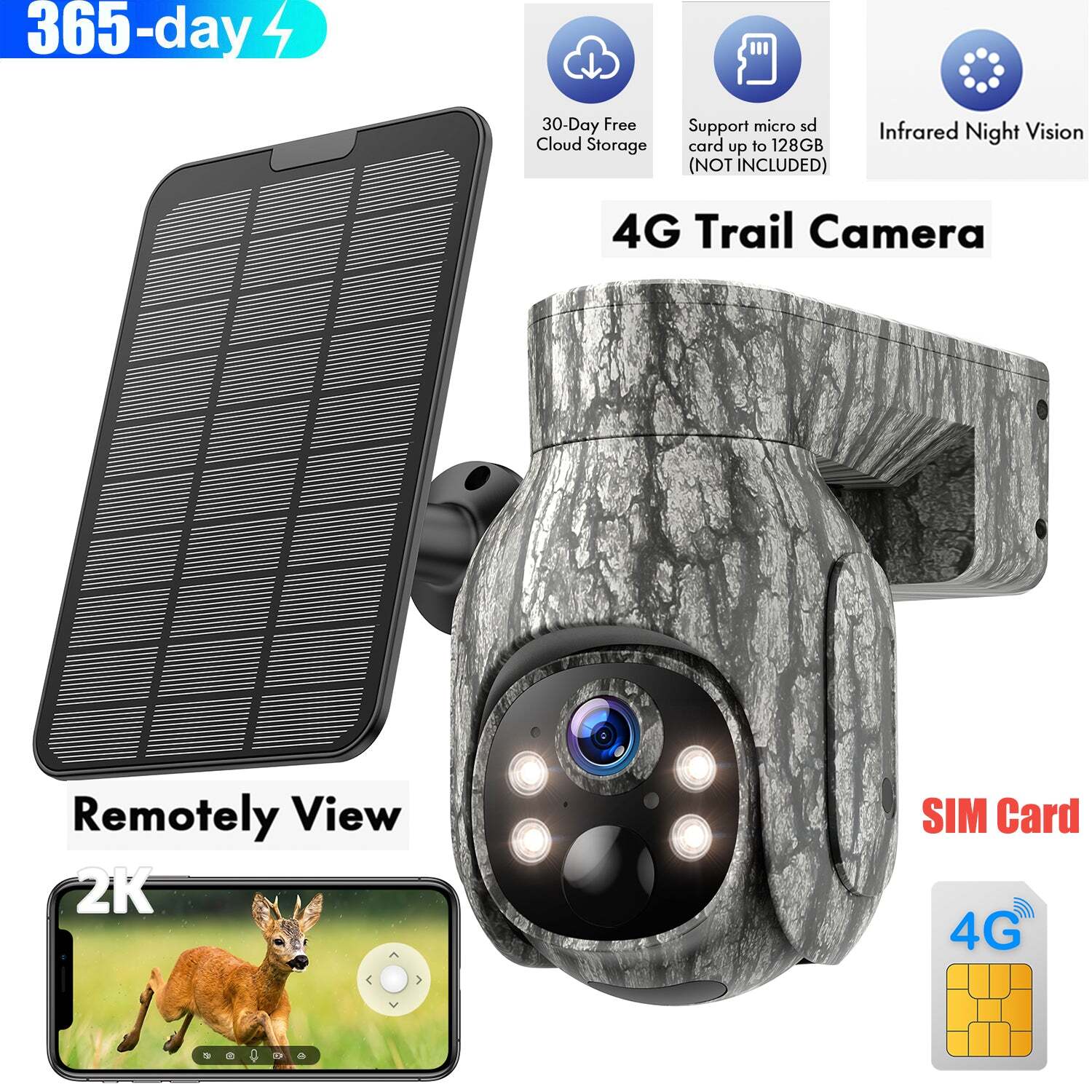 Campark Solar Powered 4G LTE Cellular 2K PTZ Trail Camera Hunting Cam + SIM Card