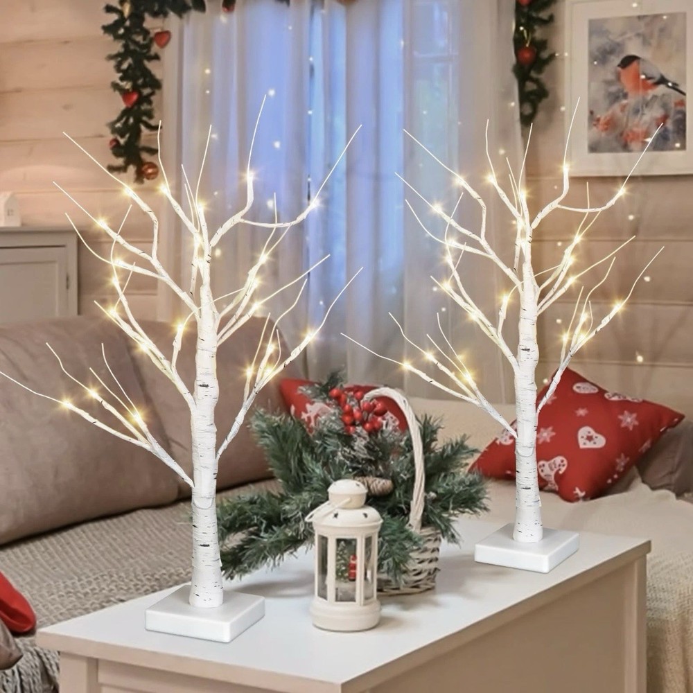 Christmas Lighted Birch Tree 2FT 6/18hr Timer 2 Pack Warm White 3AAA