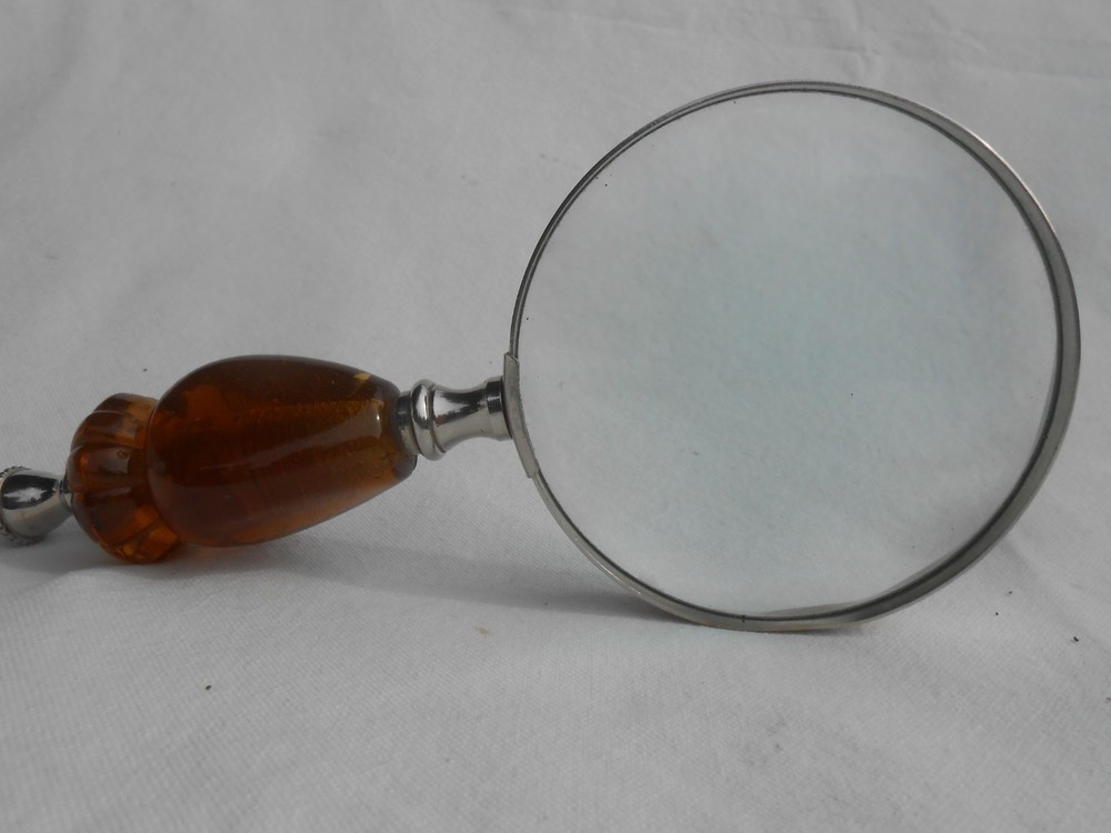 Vintage Magnifying Glass Victorian Amber Three Sided Handle Library Desktop