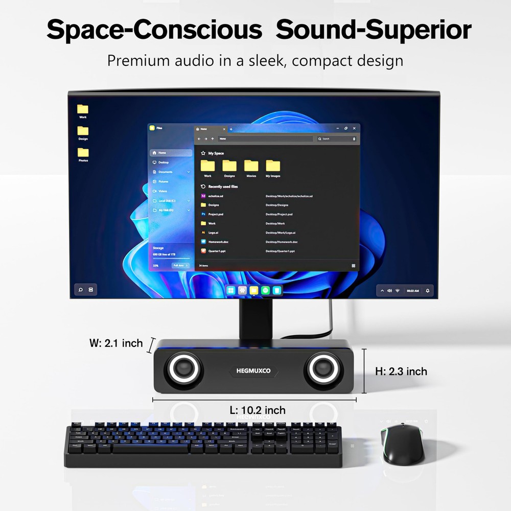Compact PC Speakers for Desktop - 10W Wired Stereo Speaker with Volume Control