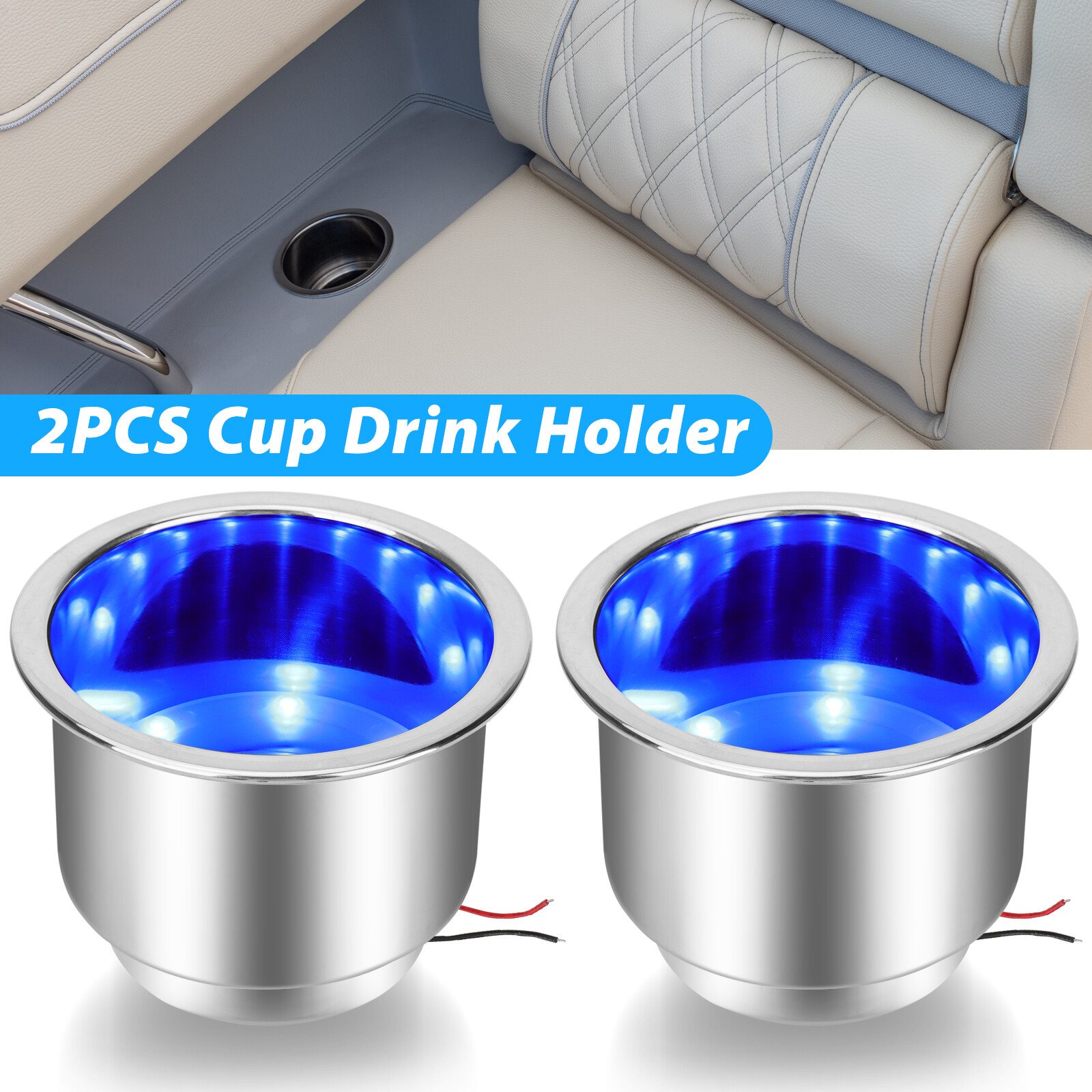 2PCS Stainless Steel 8 LED Cup Drink Holder Blue Light Marine Boat Truck Camper