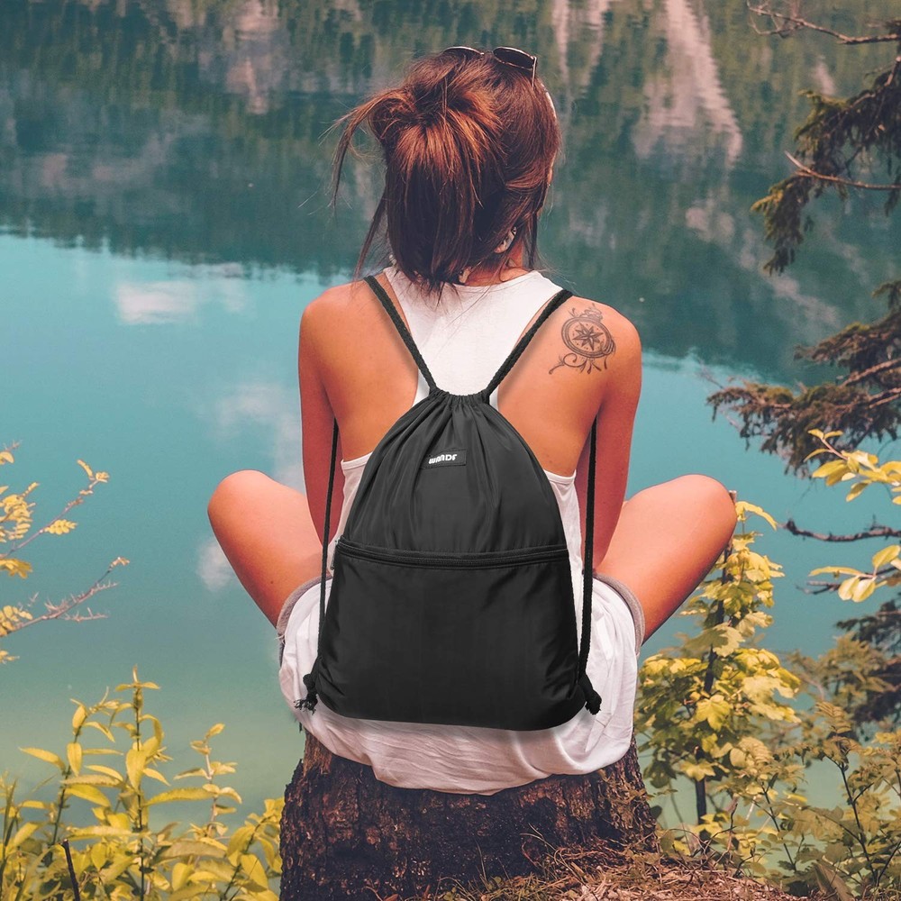 WANDF Drawstring Backpack String Bag Sackpack Cinch Water One Size, Black