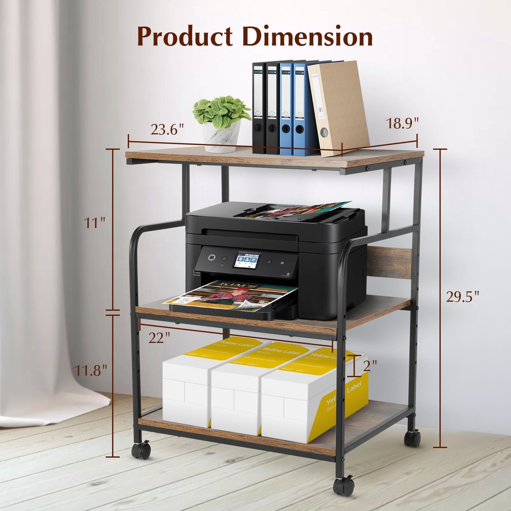 Printer Stand, 3 Tier Printer Stand with Height Adjustable Storage Shelf, Brown