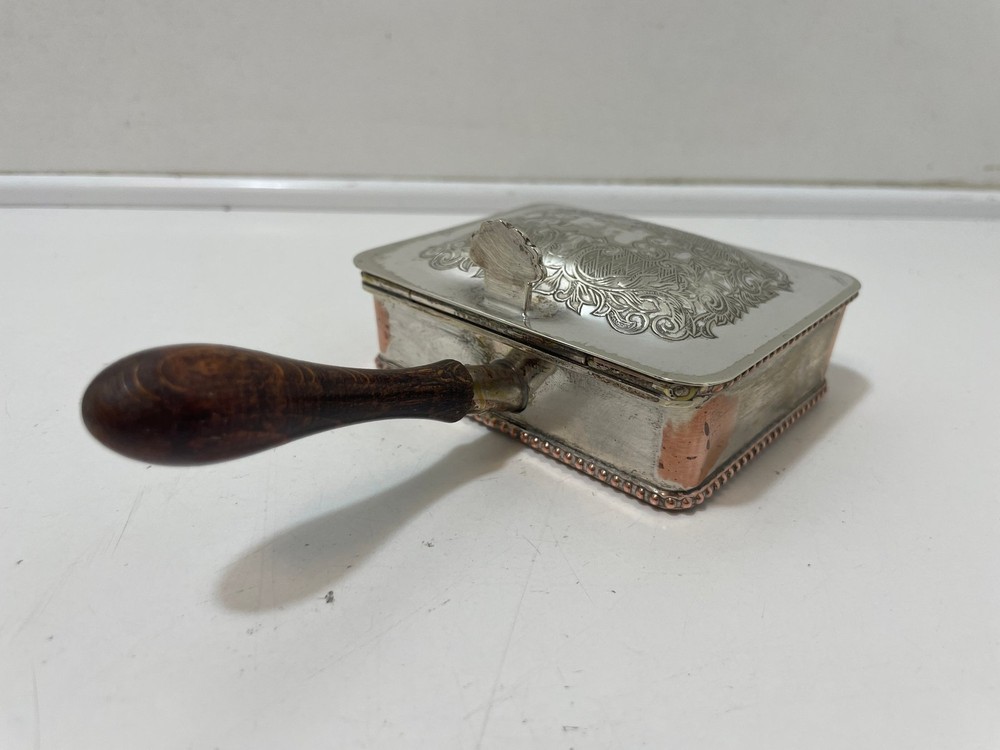 Silver Plate Rectangular Box Crumb Tray with Handle Engraved Artwork Vintage