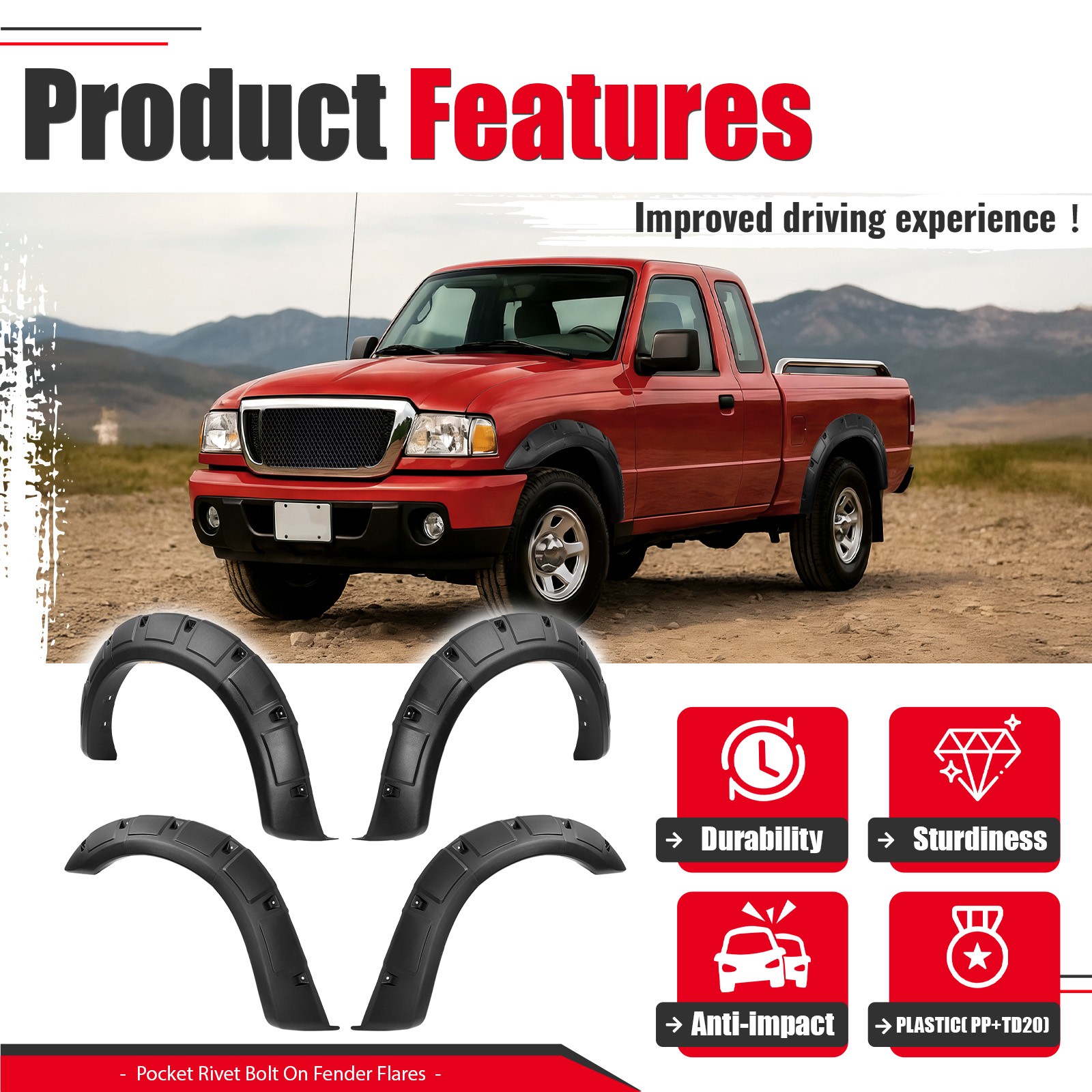 Fender Flare Kit For 1993-2011 Ford Ranger Pocket Rivet Bolt Textured Black